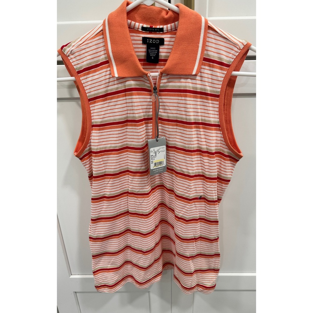 IZOD Striped Sleeveless Golf Polo Shirt Zip‎ Up Front Collared Top Small